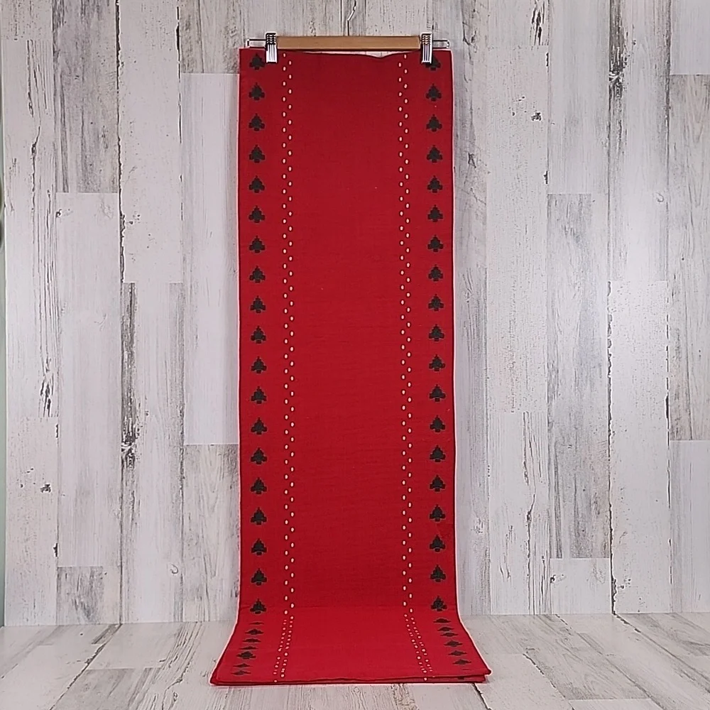 Crate & Barrel Snowy Woods red green reversible table runner 14